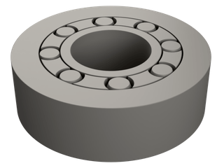 A print-in-place roller bearing: eight barrel rollers captured between an inner and an outer race