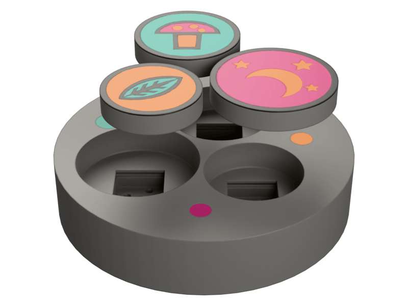 A fidget clicker: a printed keycap with multicolour artwork above its switch base