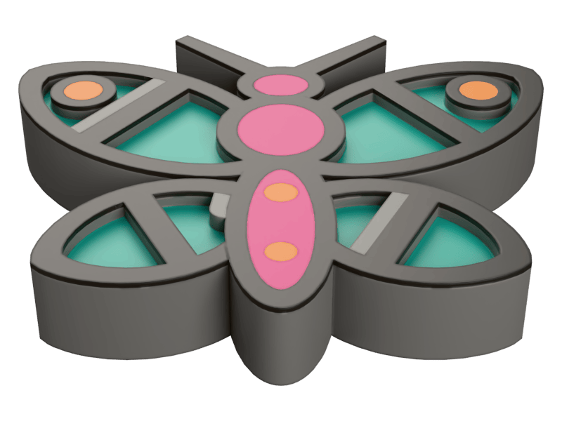 A butterfly-shaped enamel pin before its resin: grey printed walls outlining four teal-floored wings, a pink body marked with orange dots, and an orange-floored well at each upper wingtip — every cell still empty