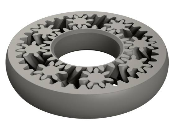 A print-in-place planetary gear ring: a sun gear, a row of herringbone planets and an internal ring gear, all meshing